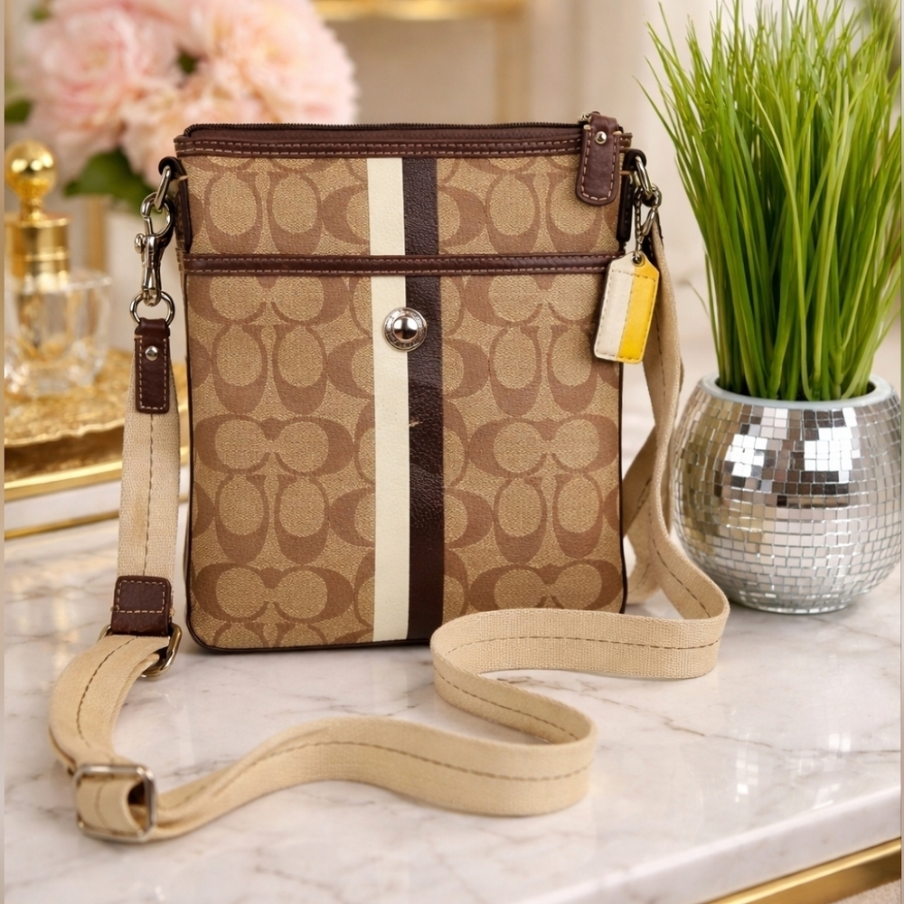 Coach Signature File Crossbody Bag‎ Tan Brown Canvas Leather Crossbody Guc